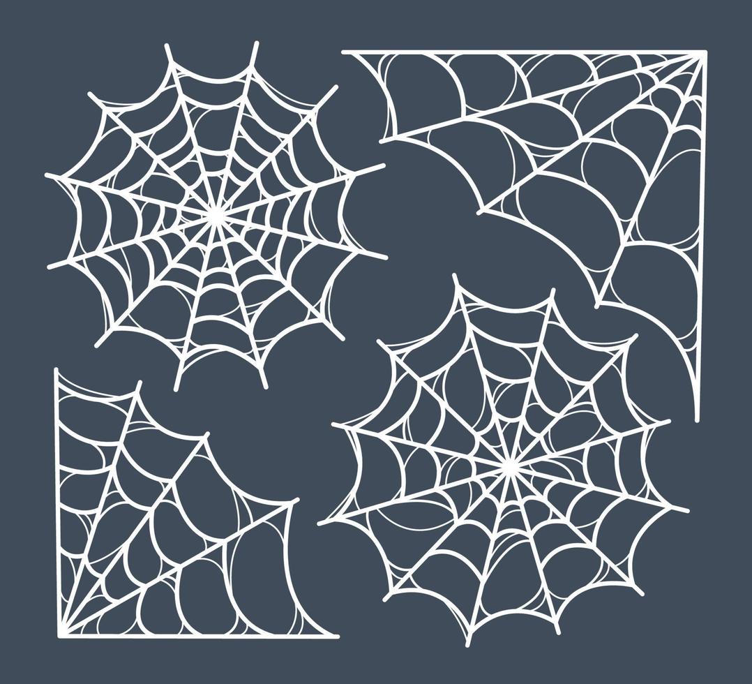 uppsättning spindelnät. symbol för halloween. olika vita spindelnät på mörk bakgrund. mall för din design. handritad trendiga vektorillustration. alla element är isolerade. vektor