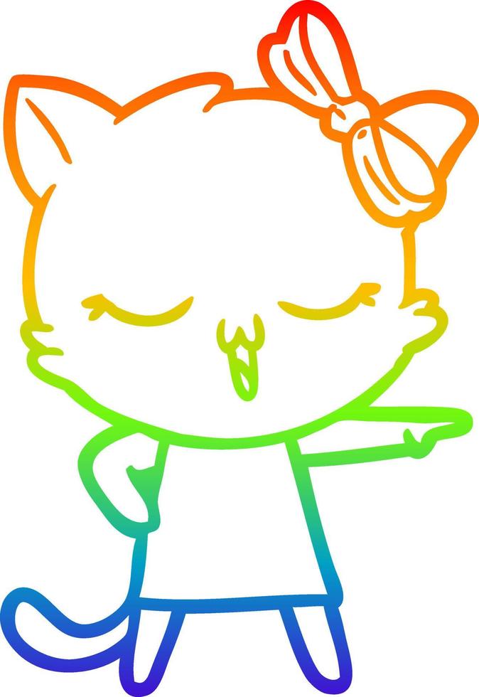 regnbågsgradient linjeteckning tecknad katt med rosett på huvudet vektor