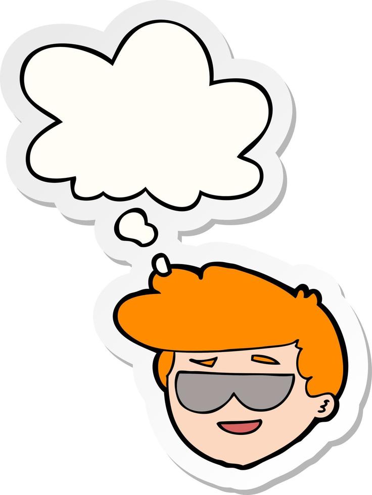 Cartoon-Junge mit Sonnenbrille und Gedankenblase als gedruckter Aufkleber vektor