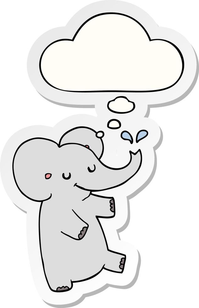 tecknad dansande elefant och tankebubbla som ett tryckt klistermärke vektor