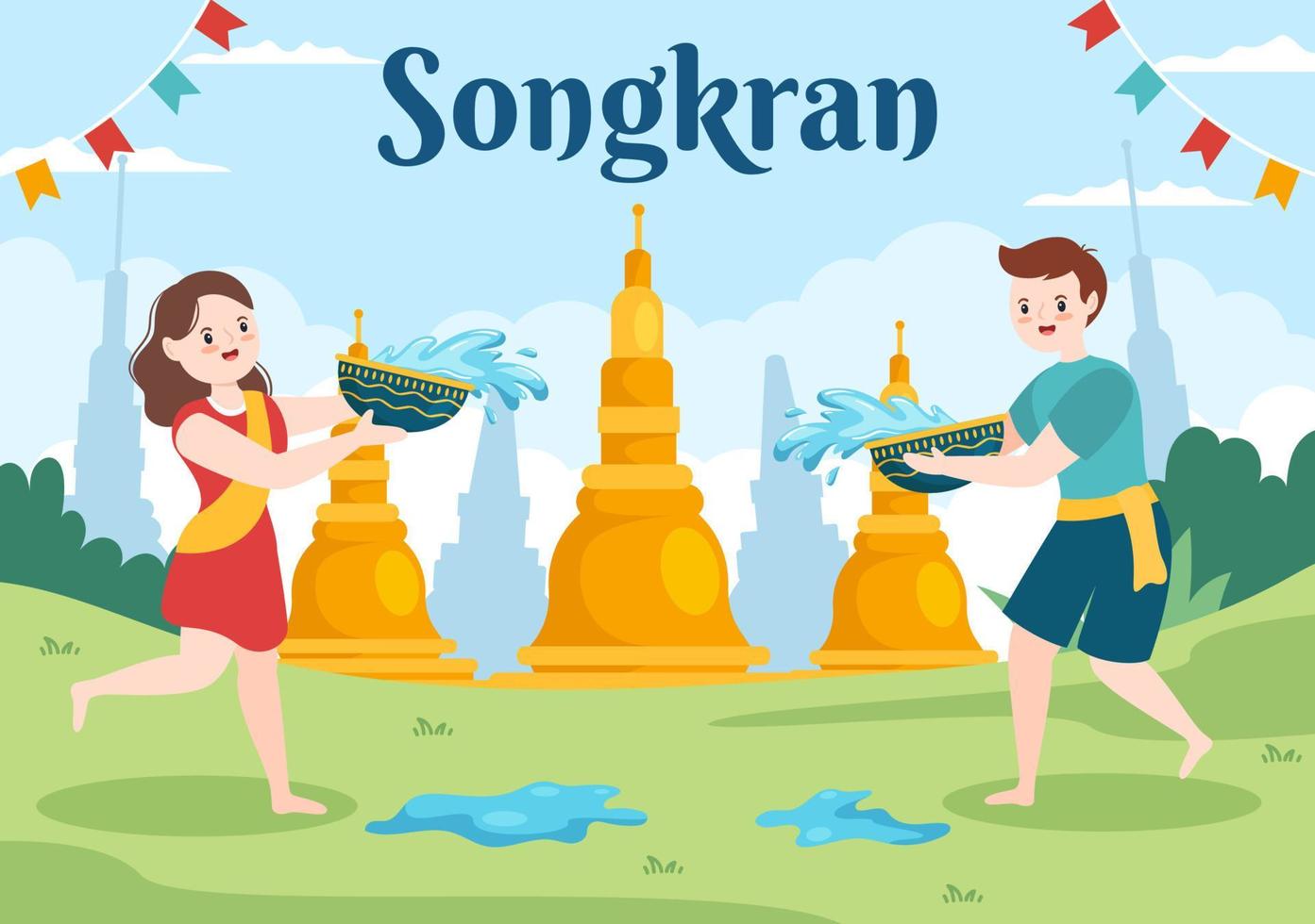 happy songkran festival day handgezeichnete karikaturillustration, die wasserpistole in thailand-feier im flachen hintergrunddesign spielt vektor