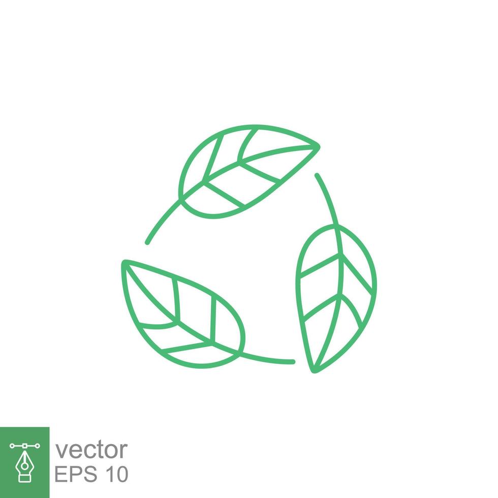 Symbol für biologisch abbaubares, recycelbares, kunststofffreies Paket. Vektor bio recycelbar abbaubar Label-Logo-Vorlage. drei grüne Blätter isoliert auf weißem Hintergrund. Folge 10.