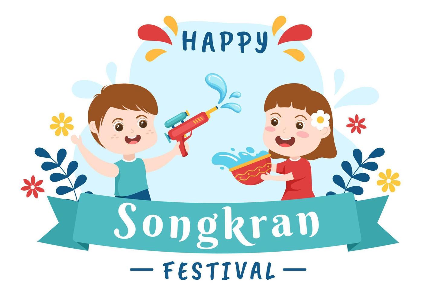 happy songkran festival tag hand gezeichnete karikaturillustration mit niedlichen kleinen kindern, die wasserpistole in thailand spielen, feier im flachen stilhintergrund vektor