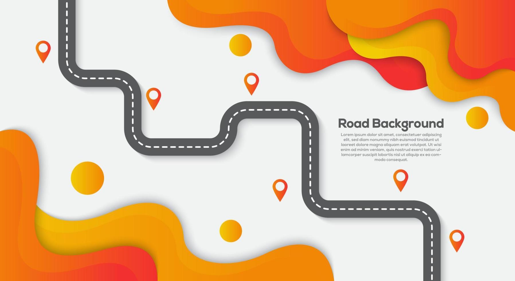 Roadtrip und Reiseroute. kurvenreiche Straße auf einem bunten orangefarbenen Hintergrund mit Pin-Zeiger. vektor