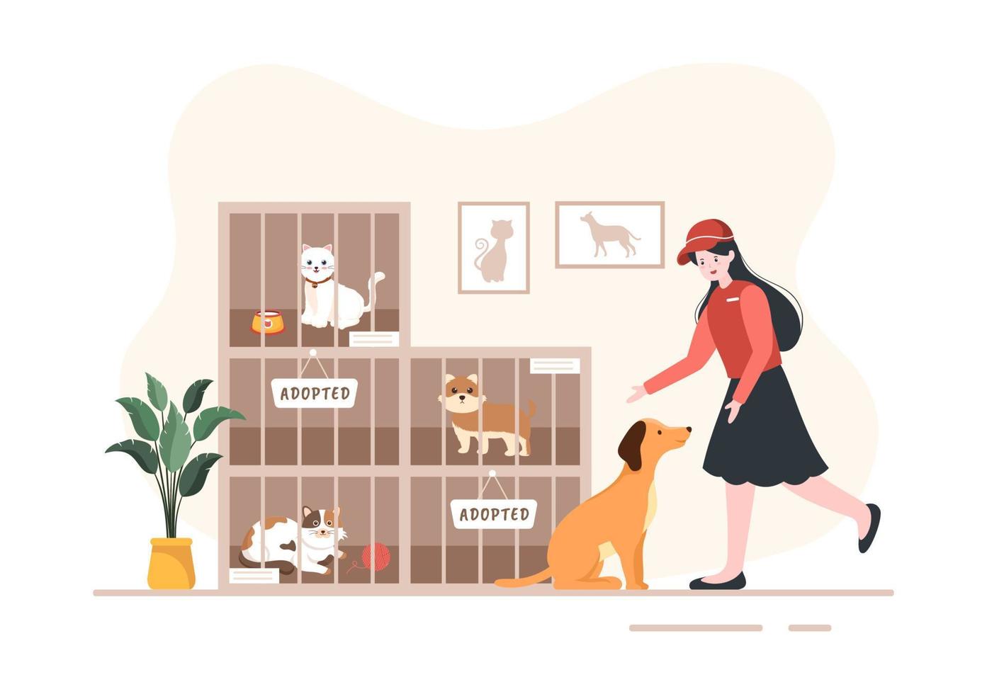 djurhem tecknad illustration med husdjur som sitter i burar och volontärer som matar djur för att adoptera i platt handritad stildesign vektor