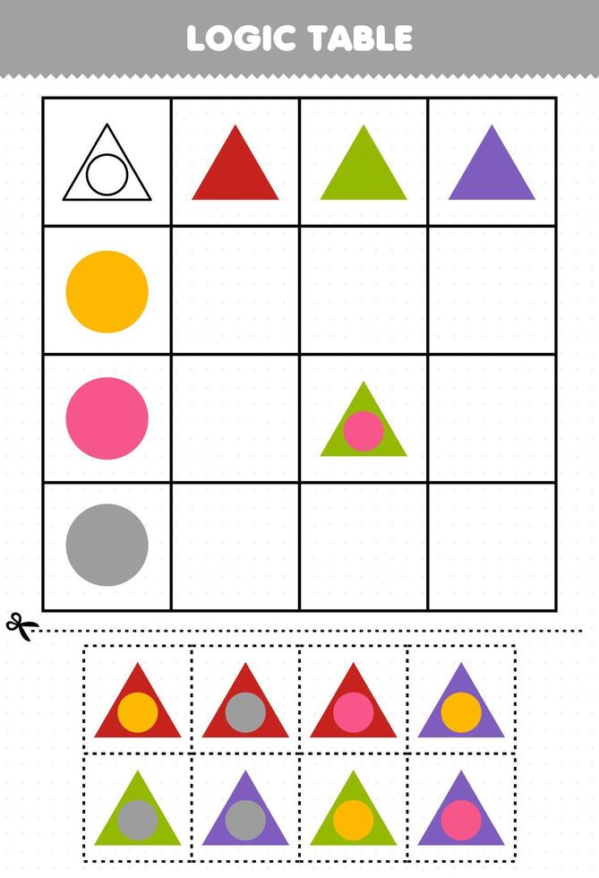 utbildning spel för barn logik tabell geometrisk form triangel och cirkel utskrivbara kalkylblad vektor