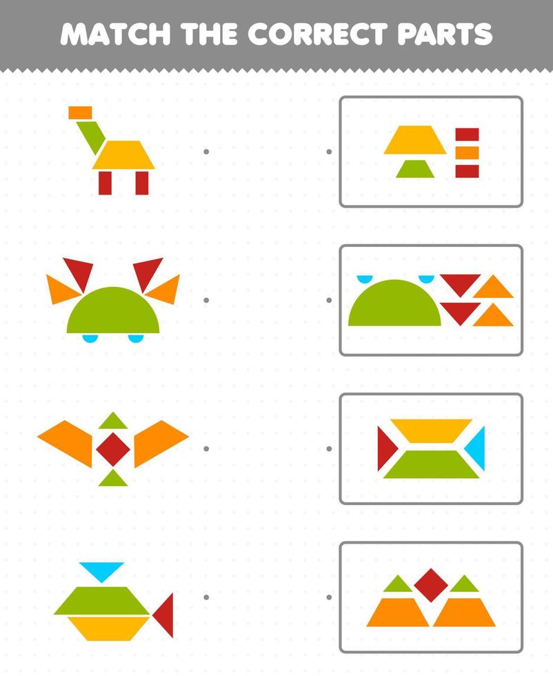utbildning spel för barn matcha de rätta delarna geometriska former 6 kvadrat triangel rektangel utskrivbart kalkylblad vektor