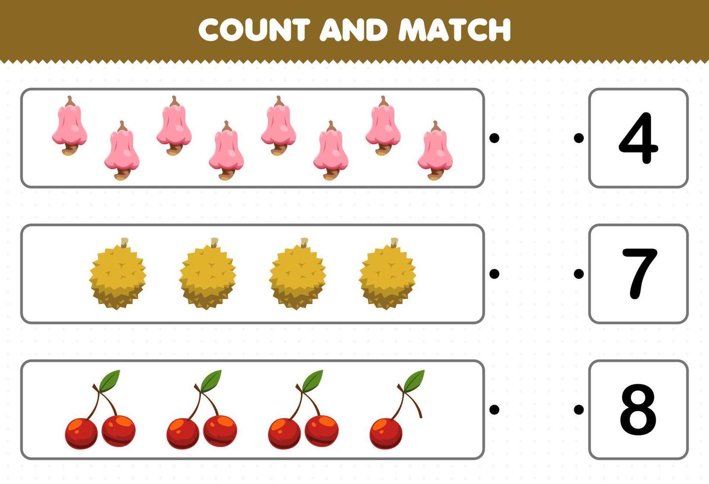 utbildningsspel för barn räkna och matcha räkna antalet tecknade frukter cashew durian körsbär och matcha med rätt siffror utskrivbart arbetsblad vektor