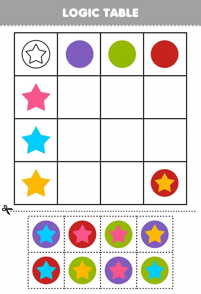 bildungsspiel für kinder logiktabelle geometrische form kreis und stern druckbares arbeitsblatt vektor