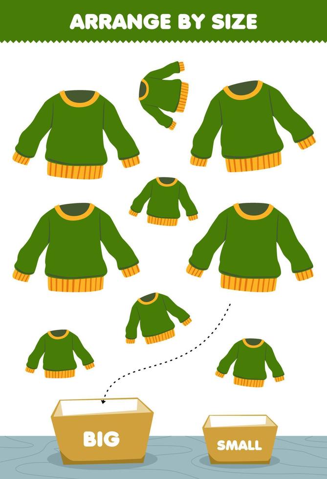 Bildungsspiel für Kinder Sortieren nach Größe groß oder klein in die Schachtel legen Cartoon tragbare Kleidung grüne Pullover Bilder vektor