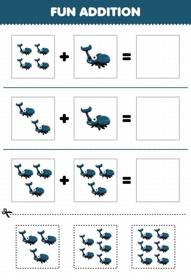 utbildningsspel för barn roligt tillägg genom att klippa och matcha söta tecknade djurbaggebilder kalkylblad vektor