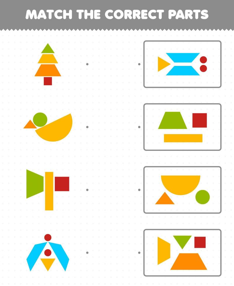 Lernspiel für Kinder Ordne die richtigen Teile zu Geometrische Formen 4 Kreis Quadrat Dreieck Rechteck Trapez Druckbares Arbeitsblatt vektor