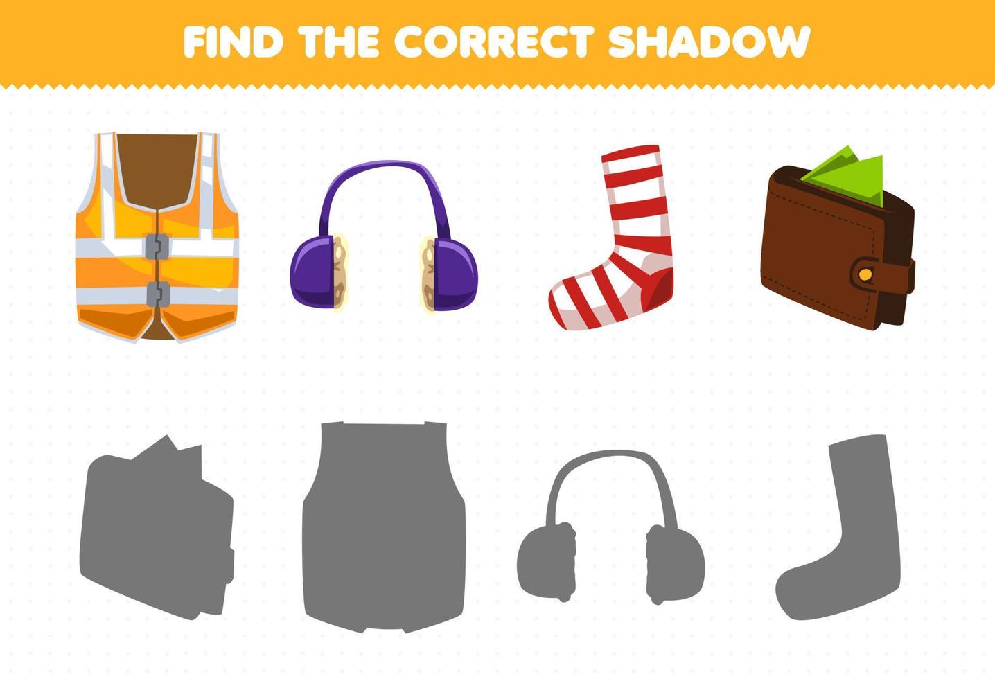 utbildningsspel för barn hitta rätt skugguppsättning av tecknade bärbara kläder nödväst hörlurssockor plånbok vektor
