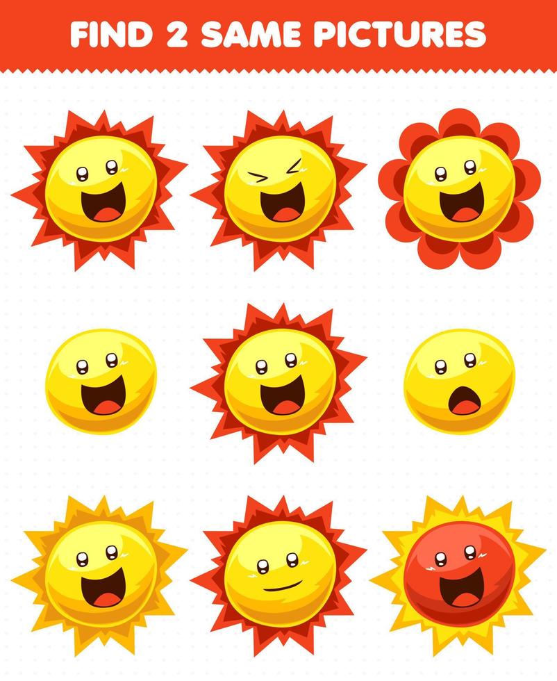 Bildungsspiel für Kinder Finden Sie zwei gleiche Bilder niedliche Cartoon Sonnensystem Sonne vektor