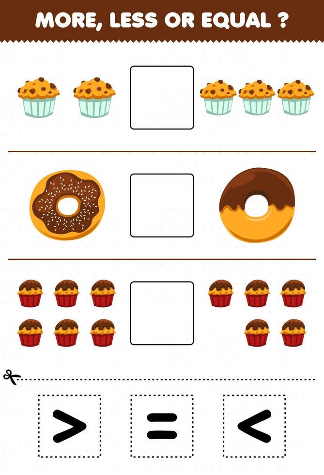 Bildungsspiel für Kinder mehr weniger oder gleich Zählen Sie die Menge an Cartoon-Essen Muffin Donut Cupcake dann schneiden und kleben Sie das richtige Zeichen vektor