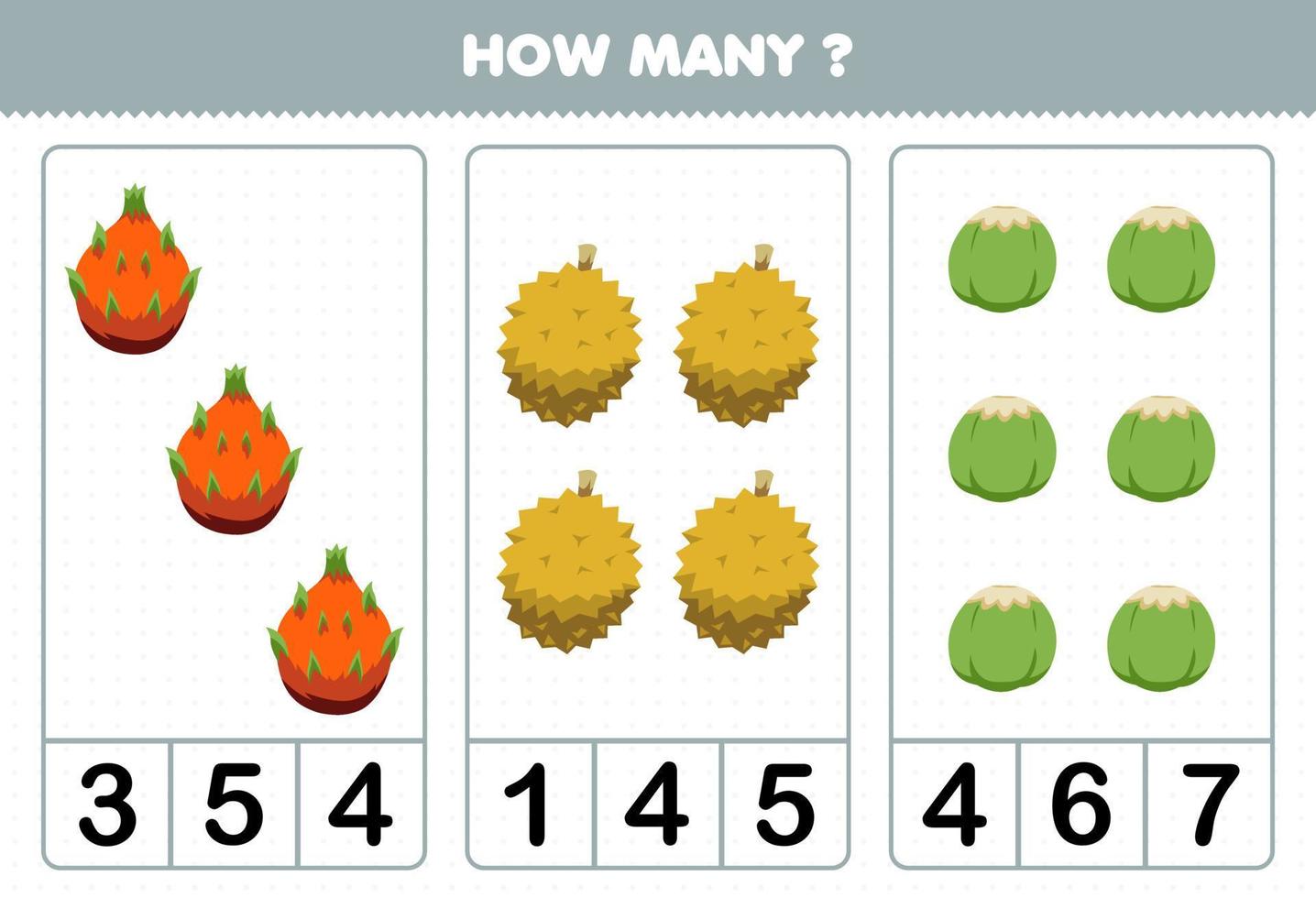 utbildningsspel för barn som räknar hur många tecknade frukter drakefrukt durian kokosnöt vektor