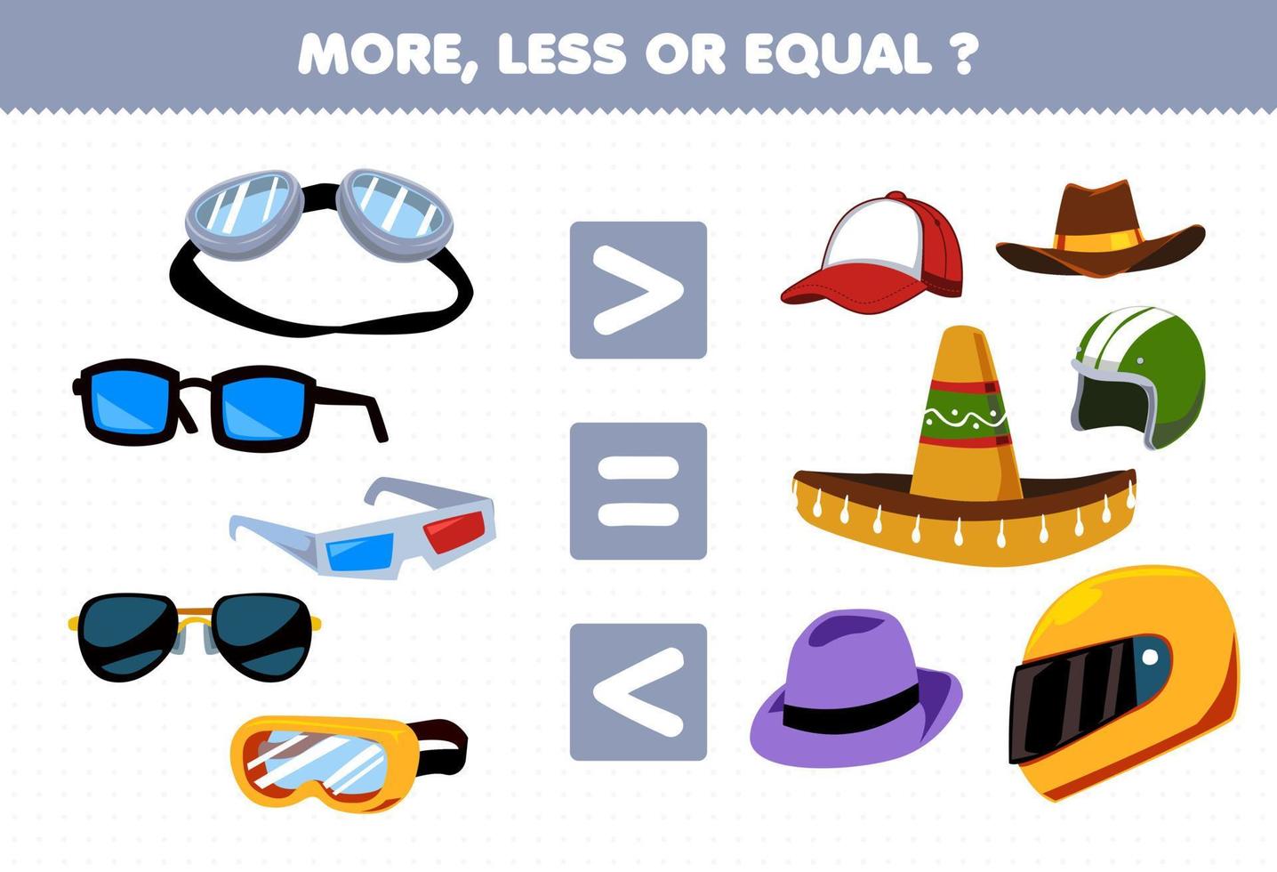Bildungsspiel für Kinder mehr weniger oder gleich zählen die Menge an tragbaren Cartoon-Kleidung, Brille, Sonnenbrille, Mütze, Hut, Helm, Fedora, Sombrero vektor
