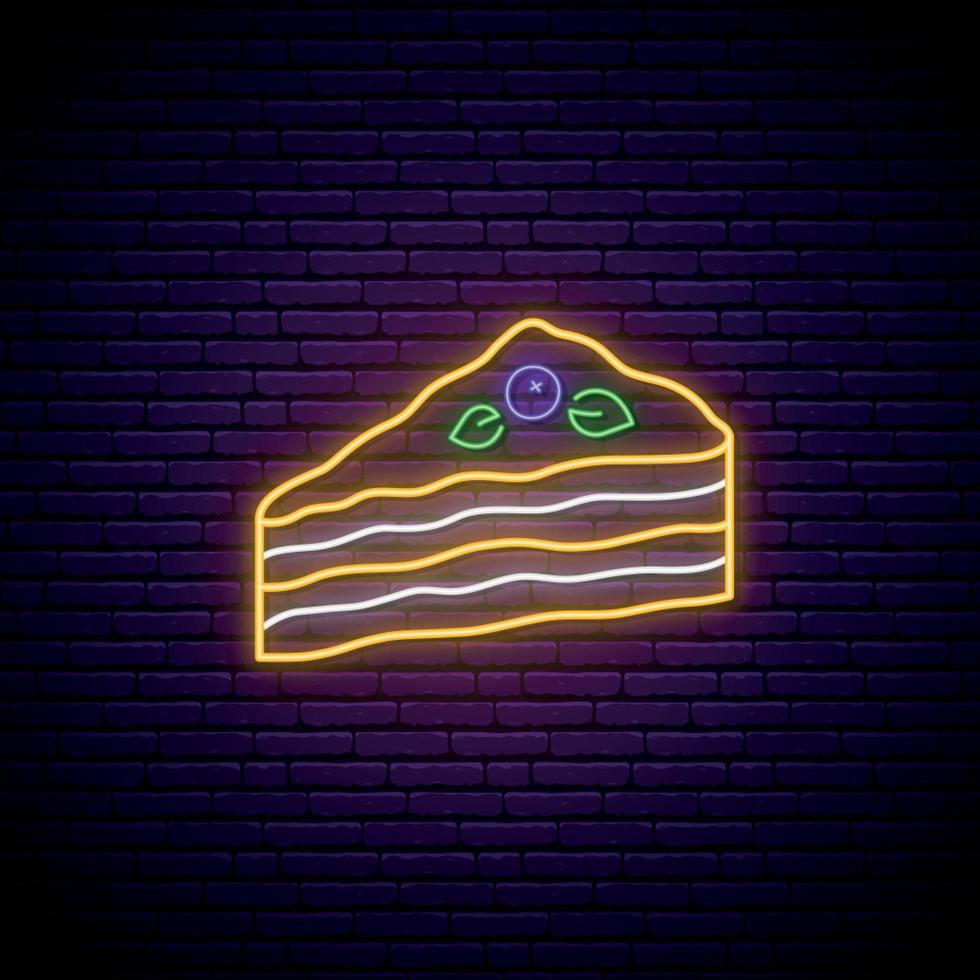 kaka skiva neonskylt. dessert butik eller café emblem. vektor