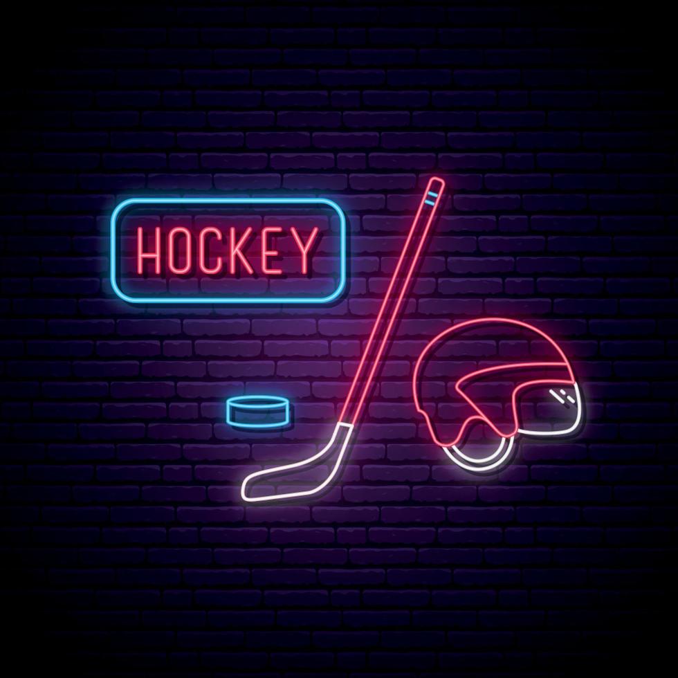 Hockey-Leuchtreklame. leuchtende Neon-Hokey-Attribute. vektor