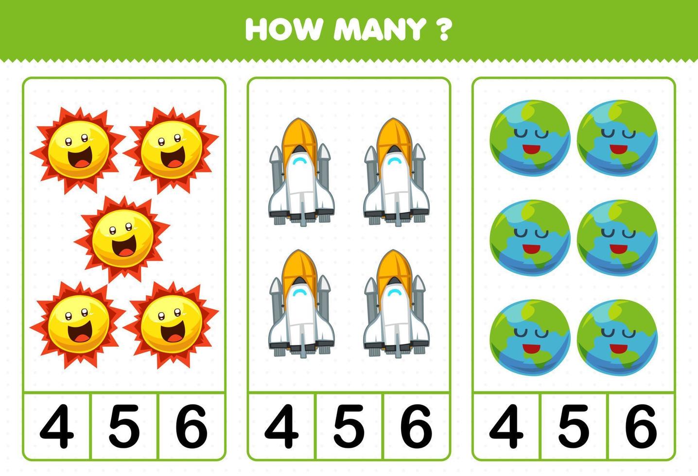 Bildungsspiel für Kinder, die zählen, wie viele niedliche Cartoon-Sonnensystem-Sonne-Raumschiff-Erde-Planeten vektor
