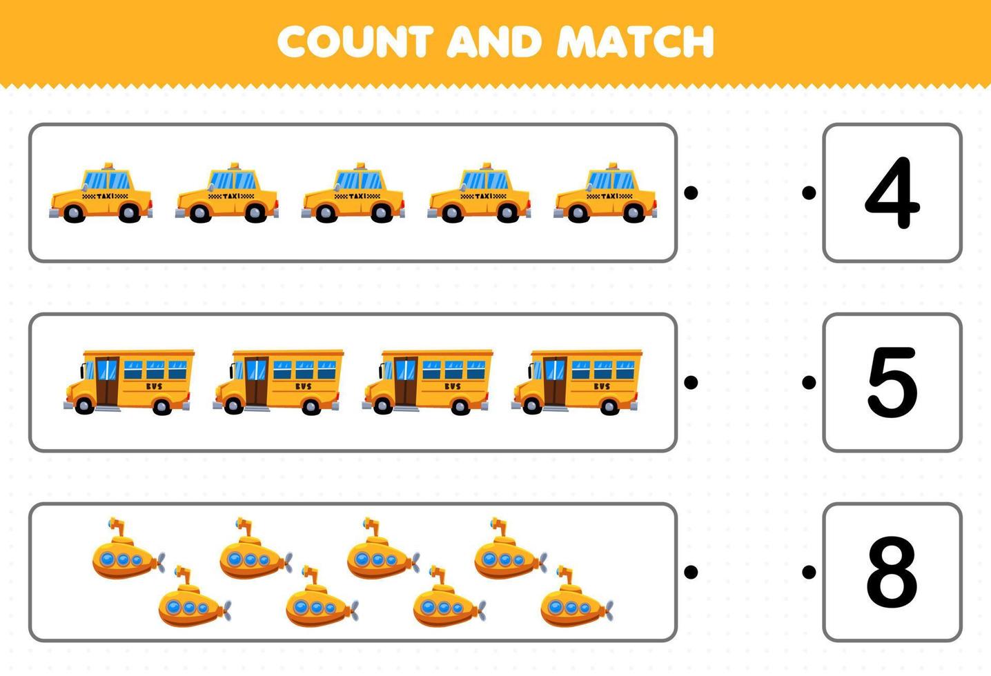 Bildungsspiel für Kinder Zähle und vergleiche die Anzahl der Cartoon-gelben Transport-Taxi-Bus-U-Boote und stimme mit den richtigen Zahlen überein. Druckbares Arbeitsblatt vektor