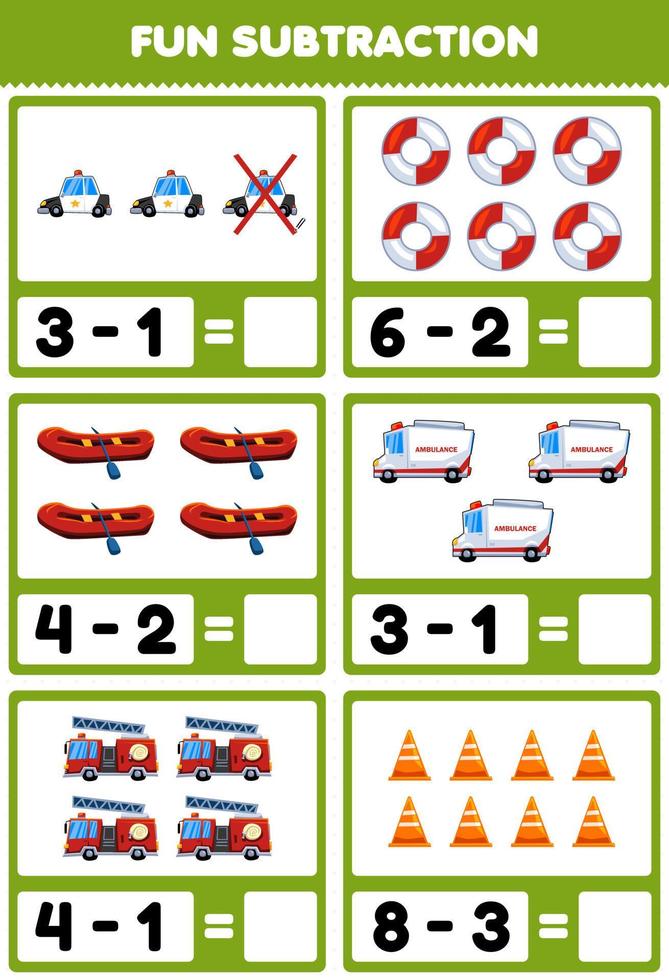Lernspiel für Kinder, lustige Subtraktion durch Zählen und Eliminieren von Cartoon-Rettungstransportbildern vektor