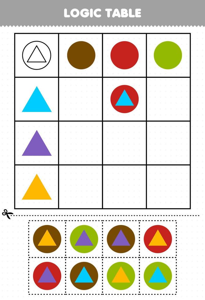 utbildningsspel för barn logiktabell geometrisk form cirkel och triangel utskrivbart kalkylblad vektor