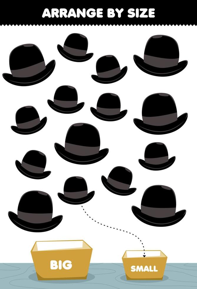 utbildning spel för barn ordna efter storlek stor eller liten lägg den i lådan tecknade bärbara kläder svart hatt bilder vektor