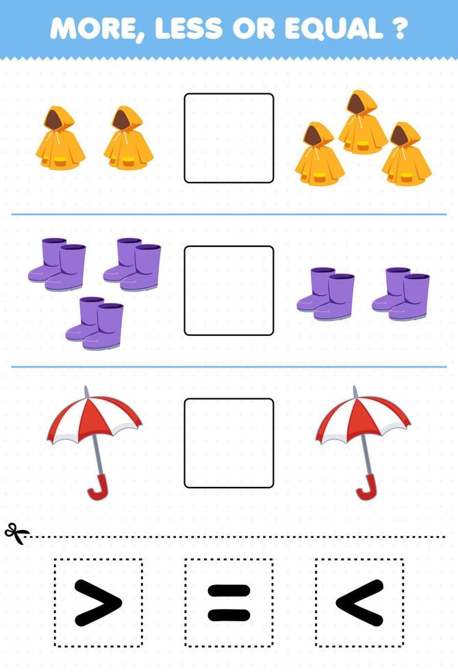 Bildungsspiel für Kinder mehr weniger oder gleich Zählen Sie die Menge an Cartoon-Kleidung, Regenmantel, Stiefel, Regenschirm, und schneiden Sie sie dann aus und kleben Sie das richtige Zeichen vektor