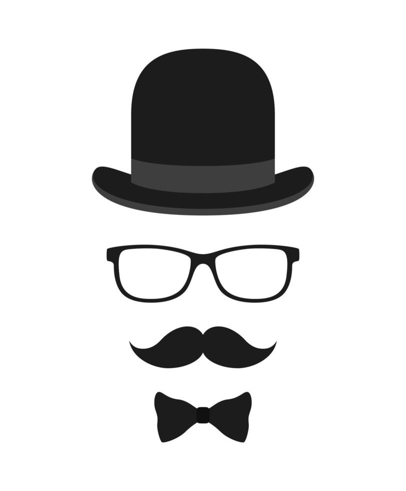mustasch, fluga, hatt och glasögon isolerad på vit bakgrund vektor