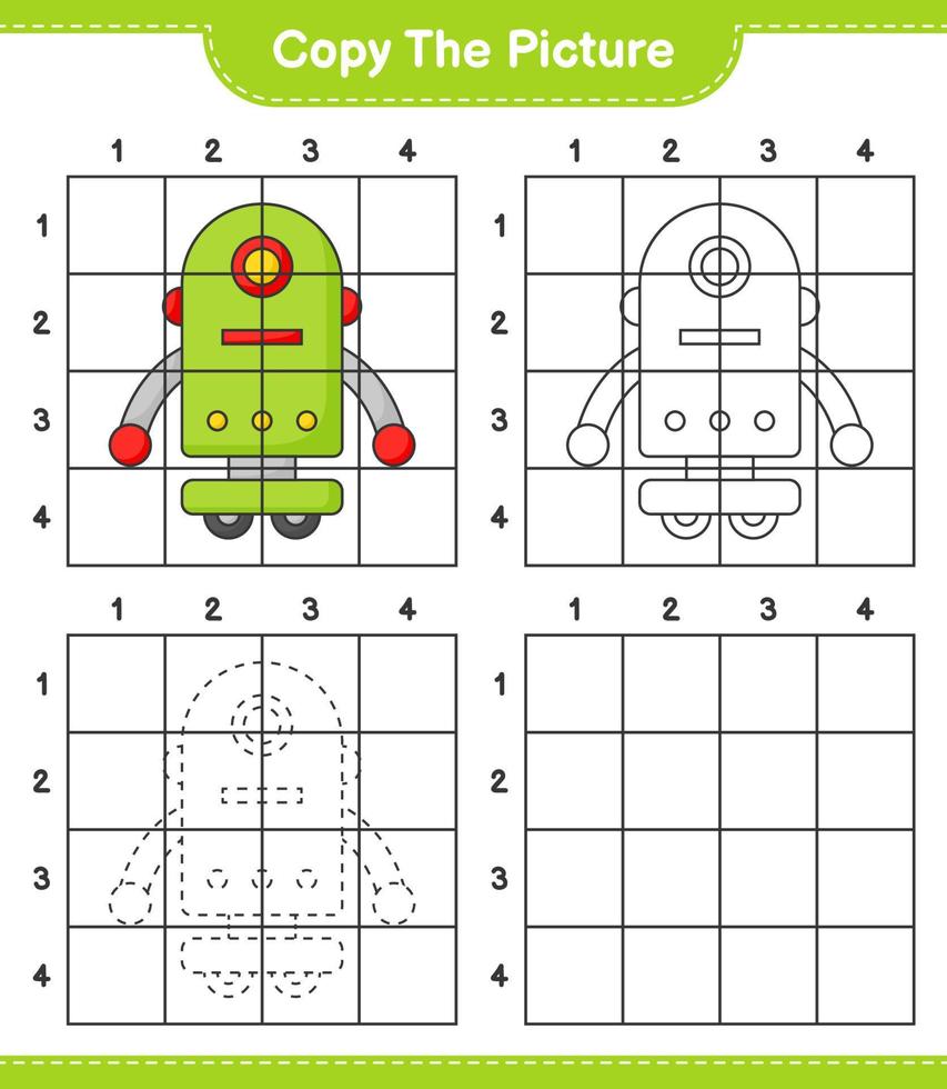 Kopieren Sie das Bild, kopieren Sie das Bild des Robotercharakters mit Gitterlinien. pädagogisches kinderspiel, druckbares arbeitsblatt, vektorillustration vektor