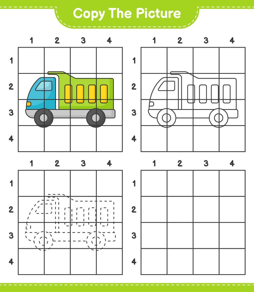 Kopieren Sie das Bild, kopieren Sie das Bild des Lastwagens mit Gitterlinien. pädagogisches kinderspiel, druckbares arbeitsblatt, vektorillustration vektor