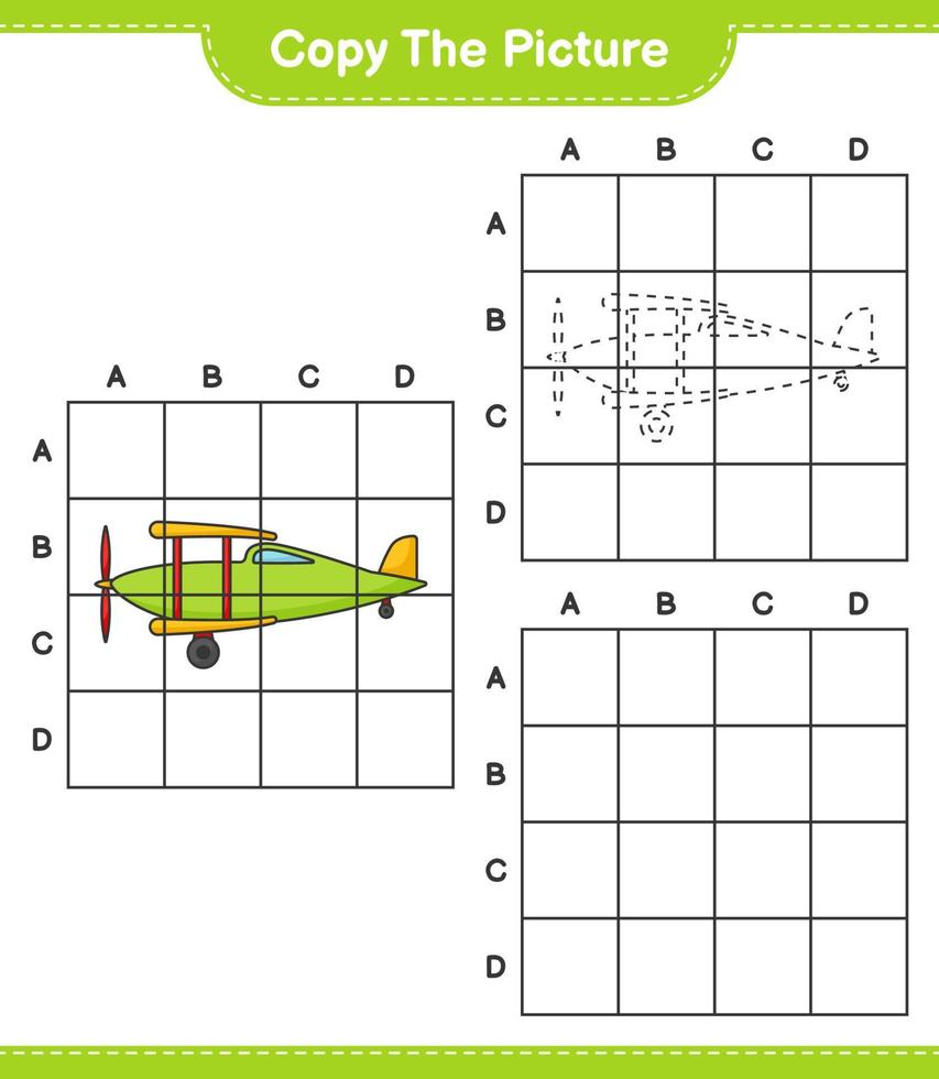 Kopieren Sie das Bild, kopieren Sie das Bild des Flugzeugs mit Gitterlinien. pädagogisches kinderspiel, druckbares arbeitsblatt, vektorillustration vektor