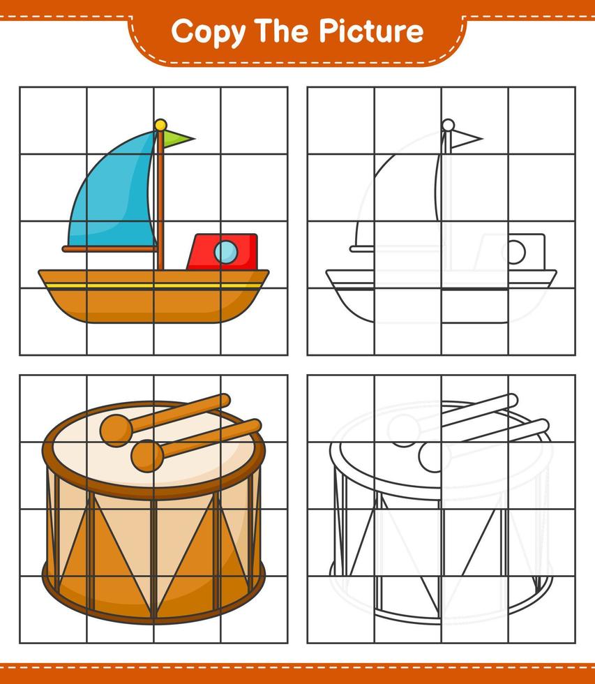 kopiere das bild, kopiere das bild von boot und trommel mit rasterlinien. pädagogisches kinderspiel, druckbares arbeitsblatt, vektorillustration vektor