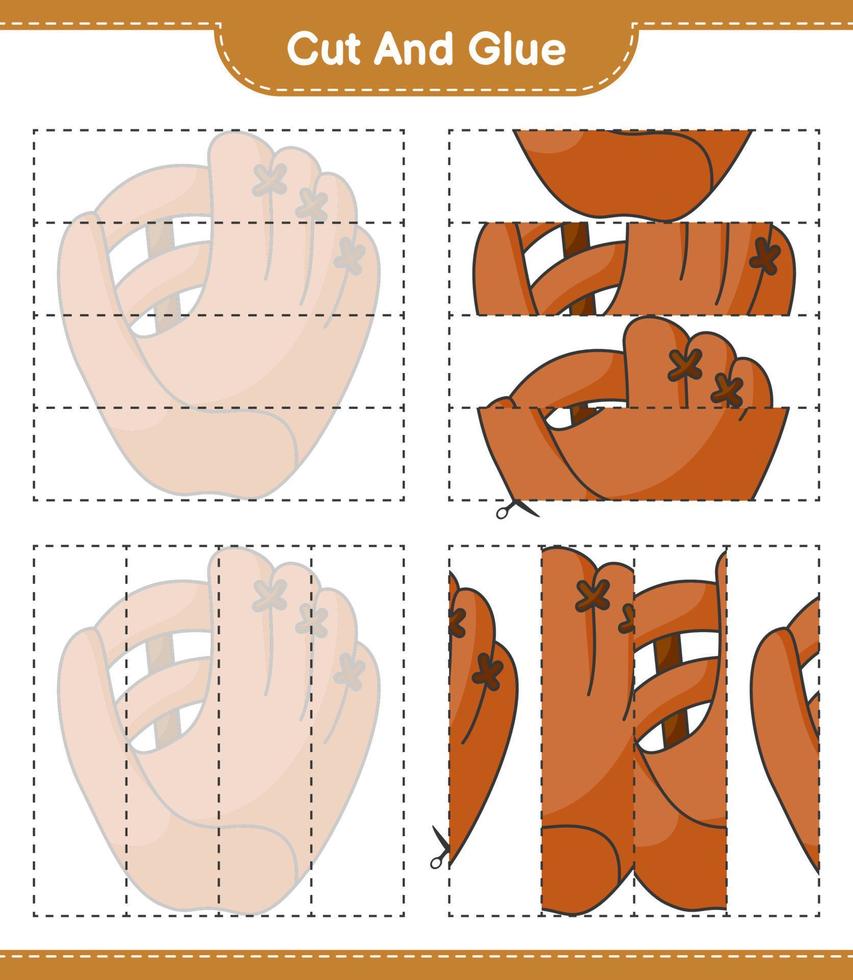 schneiden und kleben, Teile des Baseballhandschuhs ausschneiden und kleben. pädagogisches kinderspiel, druckbares arbeitsblatt, vektorillustration vektor