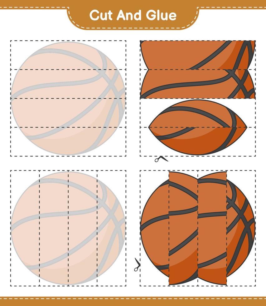 schneiden und kleben, Basketballteile ausschneiden und kleben. pädagogisches kinderspiel, druckbares arbeitsblatt, vektorillustration vektor