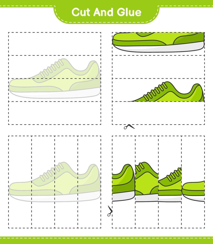 schneiden und kleben, Teile des Sneakers ausschneiden und kleben. pädagogisches kinderspiel, druckbares arbeitsblatt, vektorillustration vektor