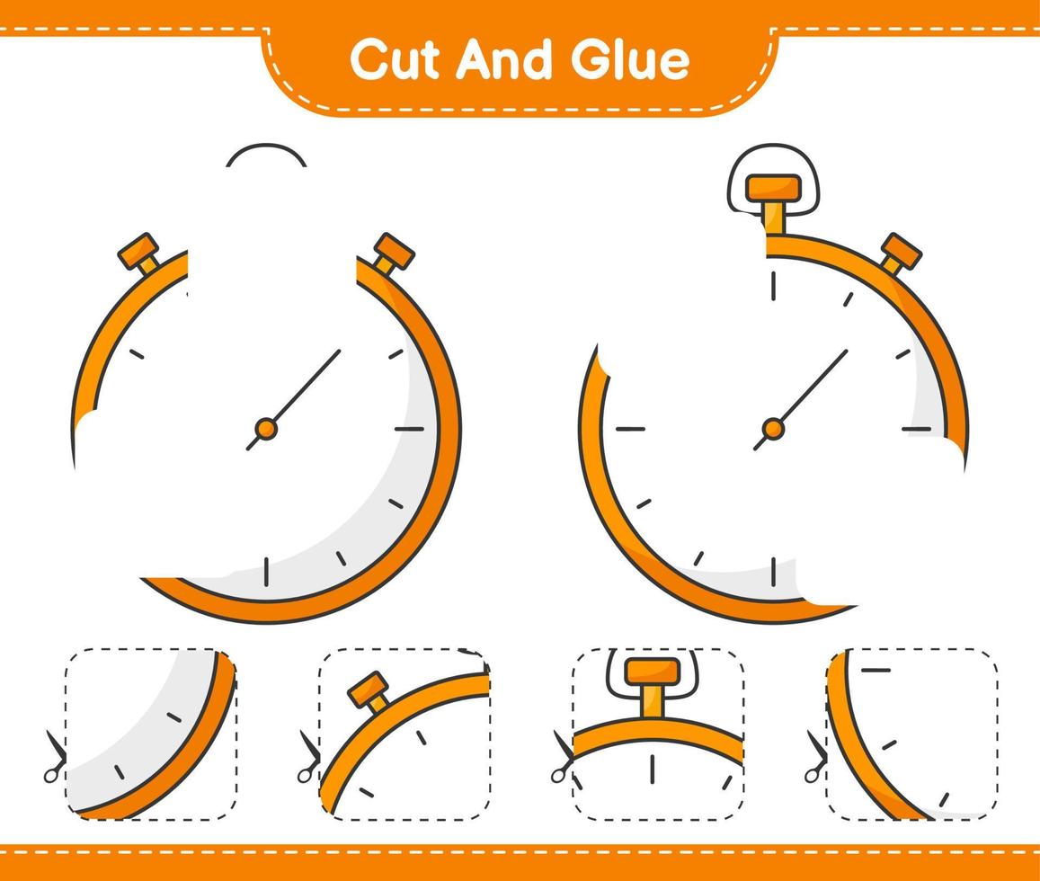 schneiden und kleben, Teile der Stoppuhr ausschneiden und kleben. pädagogisches kinderspiel, druckbares arbeitsblatt, vektorillustration vektor