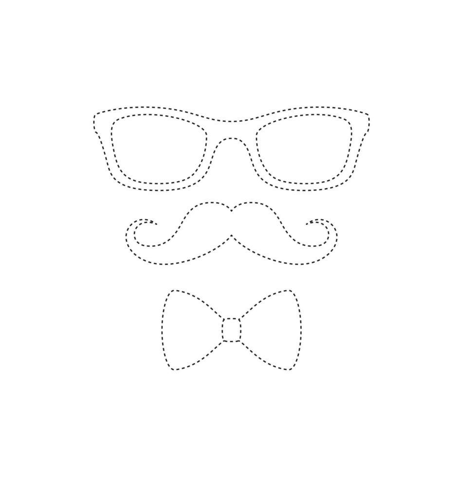 Arbeitsblatt zum Nachzeichnen von Schnurrbart, Fliege und Brille für Kinder vektor