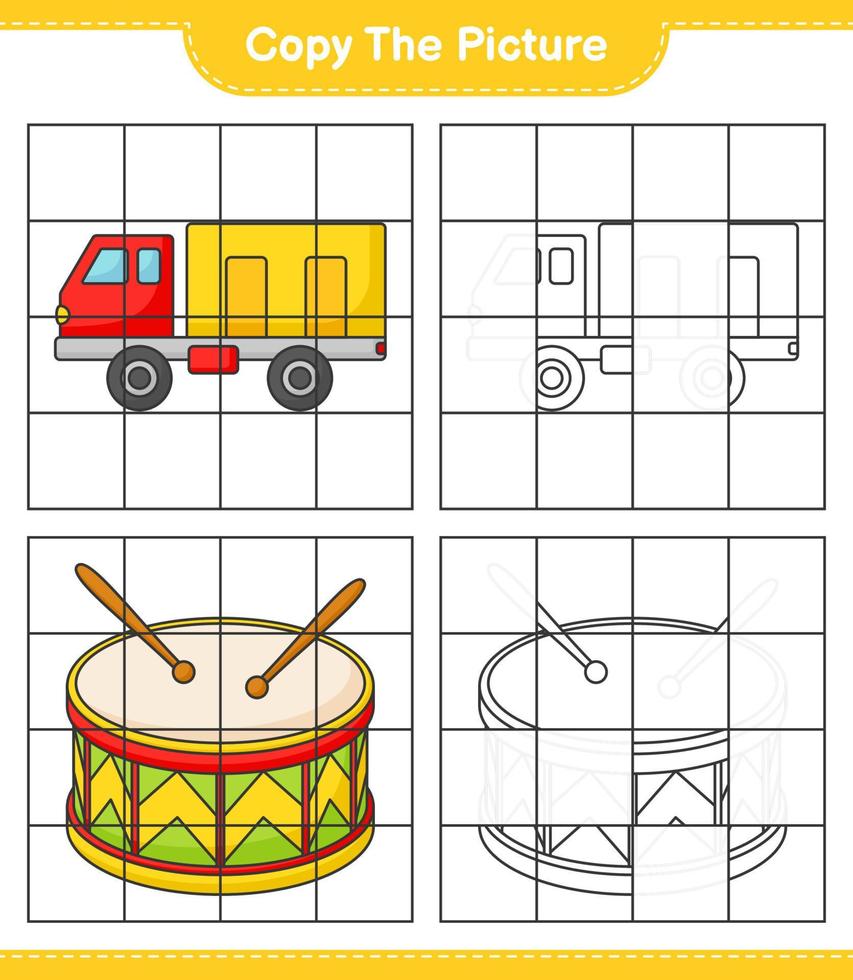 kopiera bilden, kopiera bilden av lastbil och trumma med hjälp av rutnät. pedagogiskt barnspel, utskrivbart kalkylblad, vektorillustration vektor
