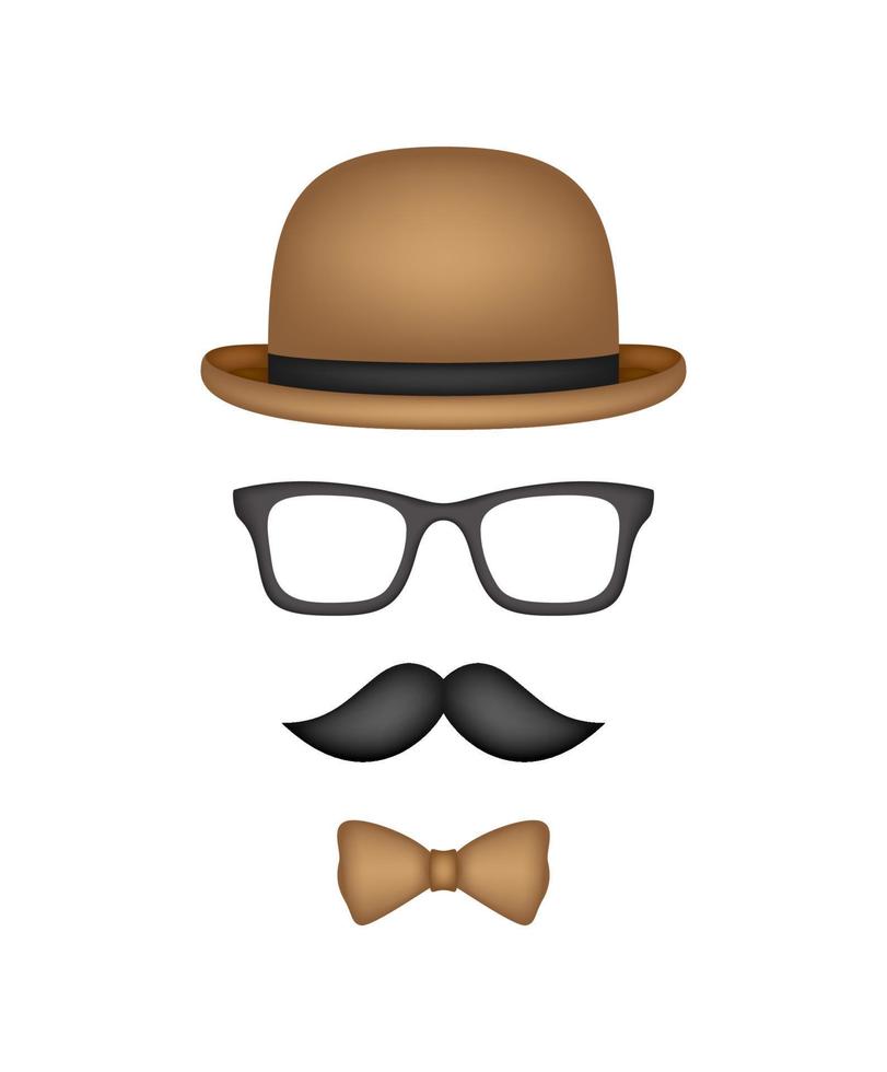 mustasch, fluga, hatt och glasögon isolerad på vit bakgrund vektor