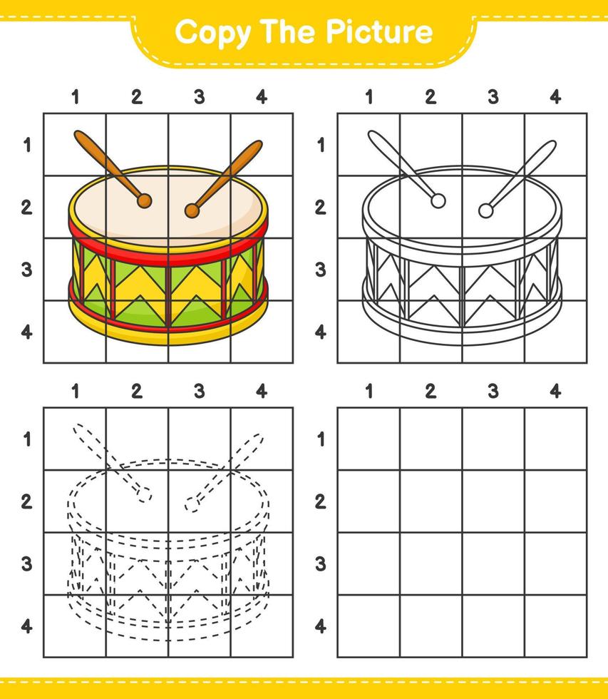 kopiera bilden, kopiera bilden av trumman med hjälp av rutnätslinjer. pedagogiskt barnspel, utskrivbart kalkylblad, vektorillustration vektor