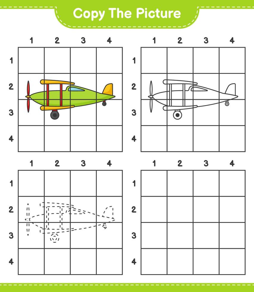 Kopieren Sie das Bild, kopieren Sie das Bild des Flugzeugs mit Gitterlinien. pädagogisches kinderspiel, druckbares arbeitsblatt, vektorillustration vektor