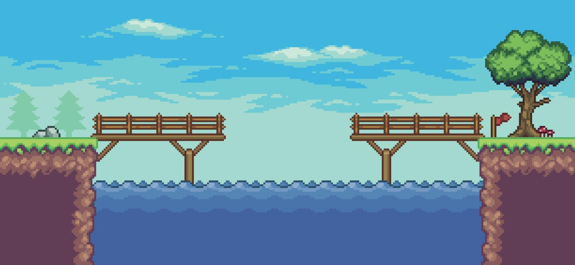 pixel art arkadspelscen med flytande plattform, flod, bro, träd och moln, 8bit bakgrund vektor