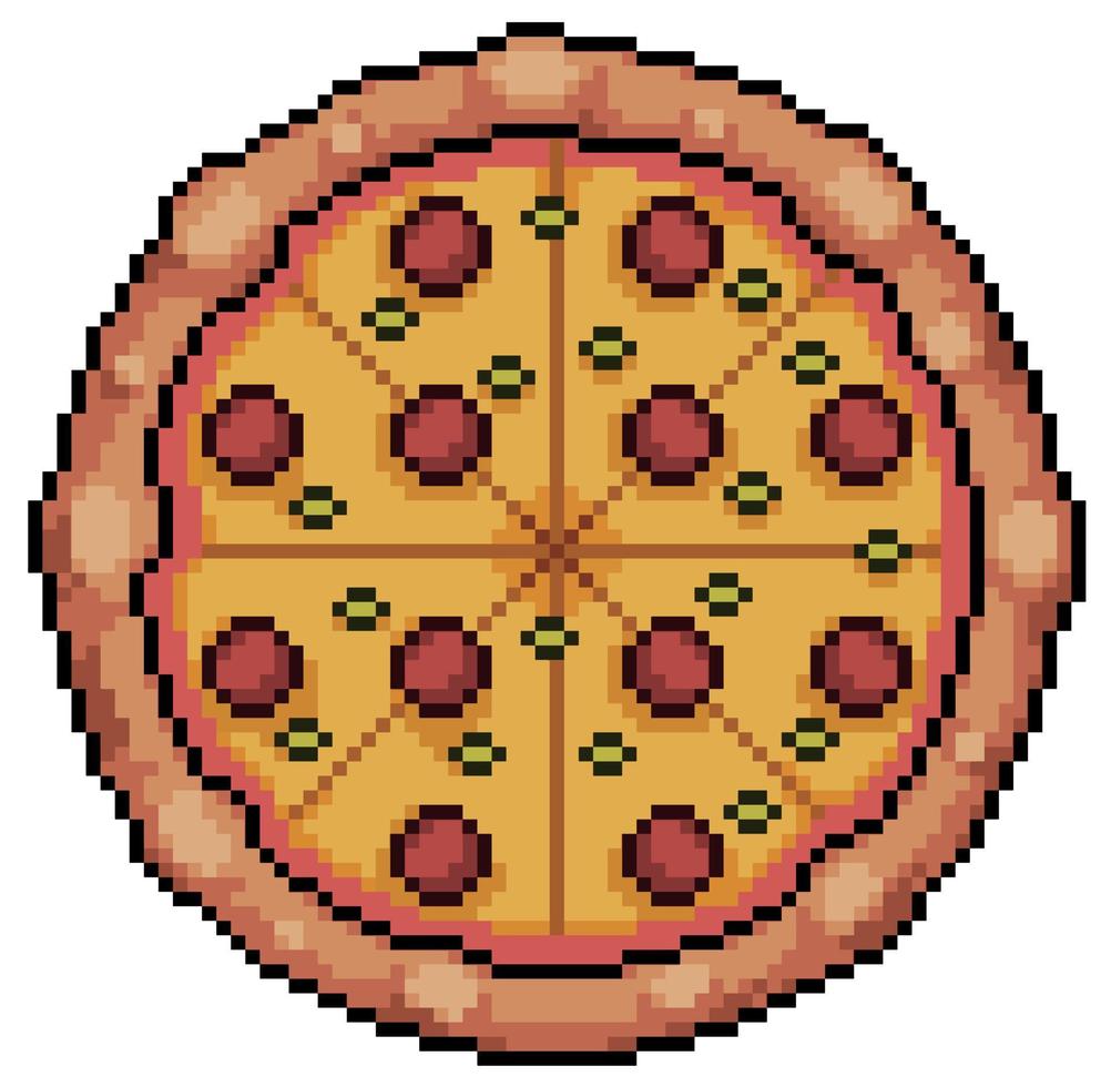 pixel art pizza med pepperoni och ost. 8-bitars spelikon på vit bakgrund vektor