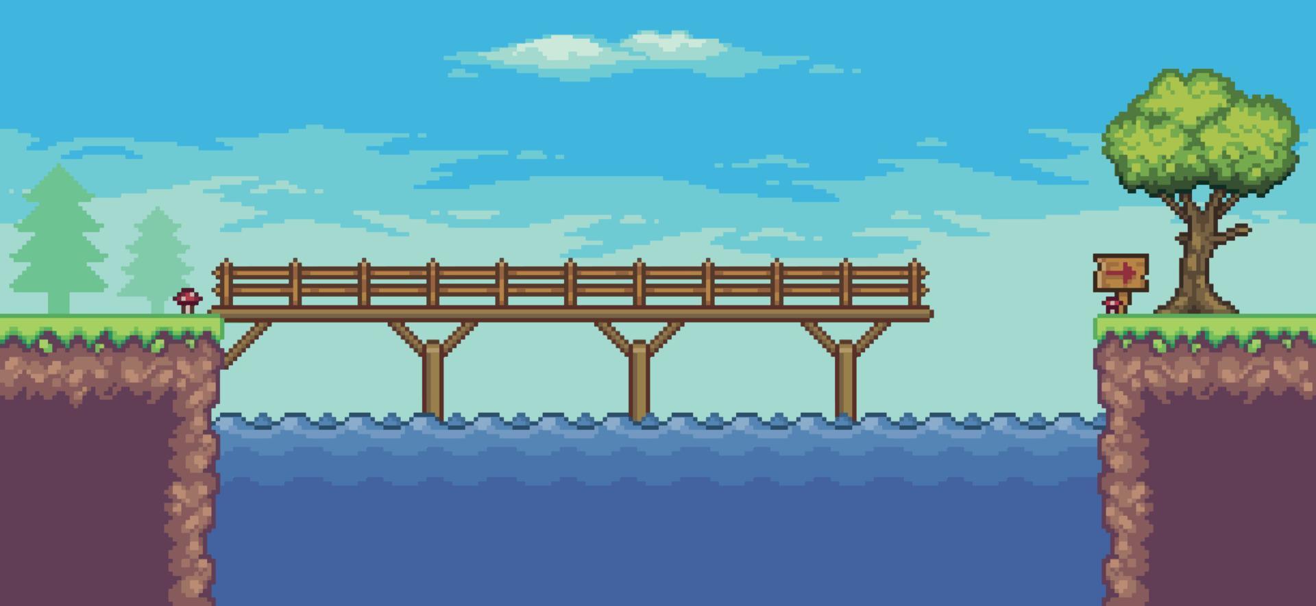 Pixel-Art-Arcade-Spielszene mit schwimmender Plattform, Fluss, Brücke, Bäumen, Zaun und Wolken, 8bit vektor