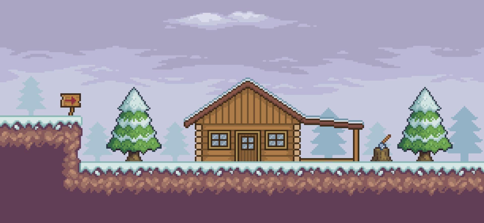 Pixel-Art-Spielszene in Schneekiefern, Holzhaus, Hinweistafel 8-Bit-Hintergrund vektor