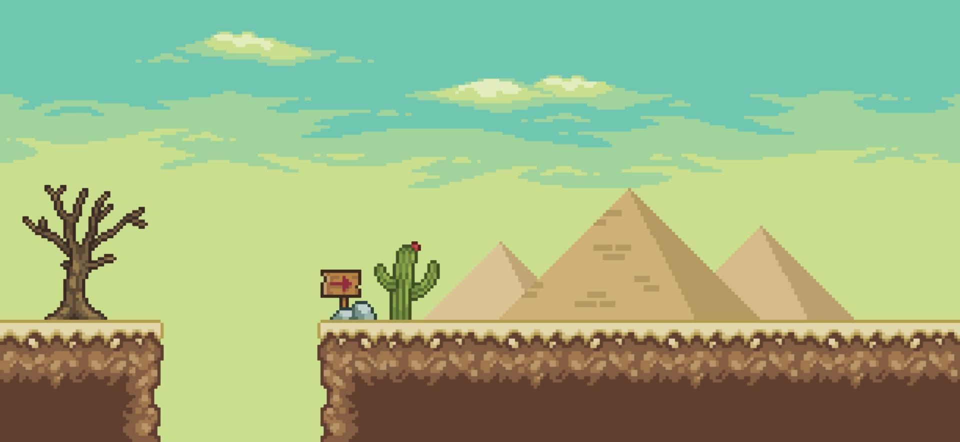 pixel art ökenspelscen med pyramid, kaktusar, trap 8bit landskapsbakgrund vektor