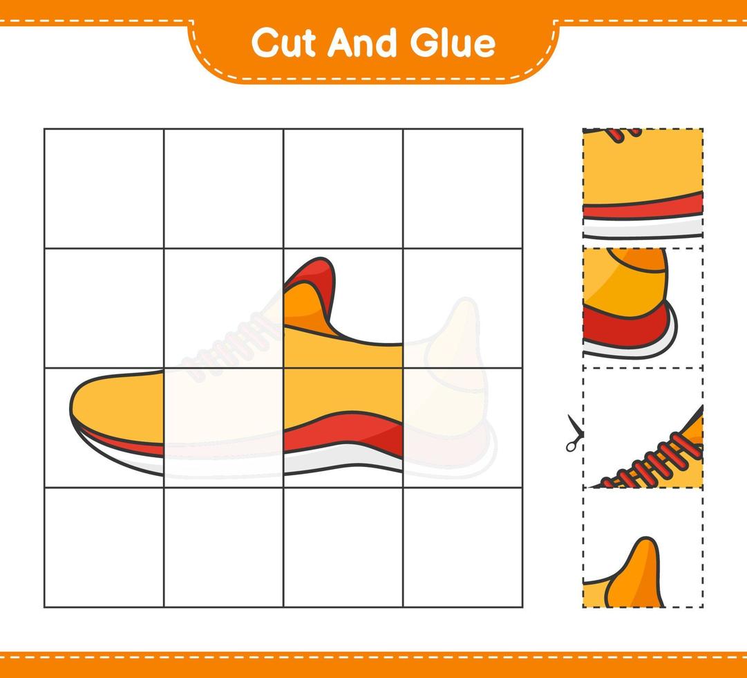 klipp och limma, skär delar av löparskor och limma dem. pedagogiskt barnspel, utskrivbart kalkylblad, vektorillustration vektor