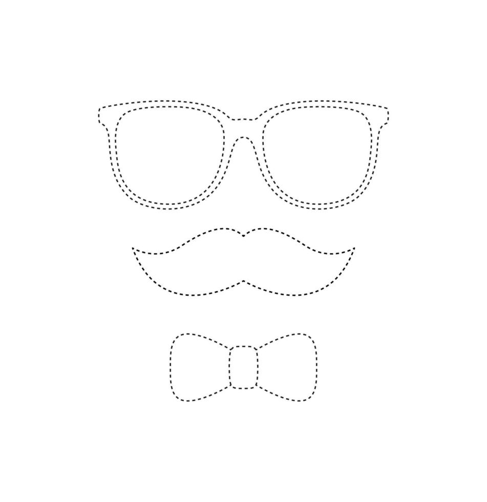 Arbeitsblatt zum Nachzeichnen von Schnurrbart, Fliege und Brille für Kinder vektor